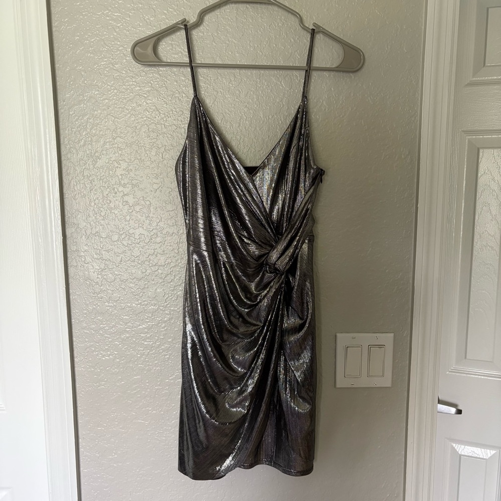 Lush Silver Ruched Wrap Mini Dress